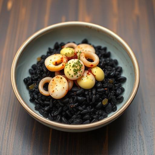 Arroz negro con calamares y alioli servido en un plato hondo