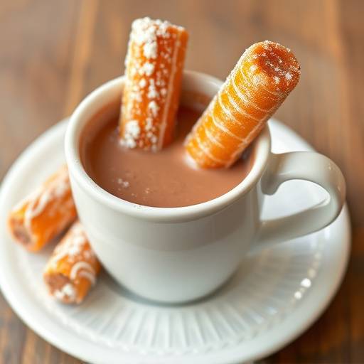 Churros con chocolate caliente en una taza blanca