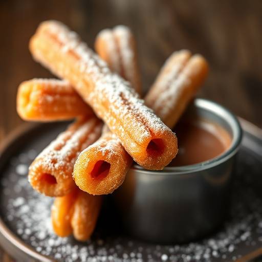 Churros con Chocolate servidos en un plato, mostrando churros crujientes espolvoreados con az&uuml;car y una taza de chocolate caliente.