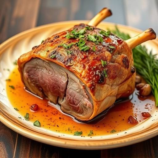 Cordero asado con hierbas provenzales y guarnici&oacute;n en un plato