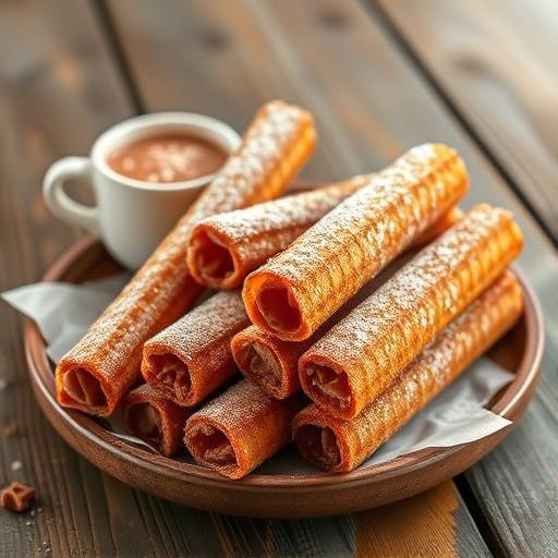 Detalle de un plato de churros con chocolate caliente servido en una mesa de madera r&uuml;stica