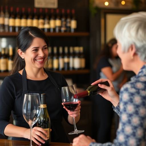 El sumiller, Elena Rodriguez, recomendando un vino a un cliente con una sonrisa amable