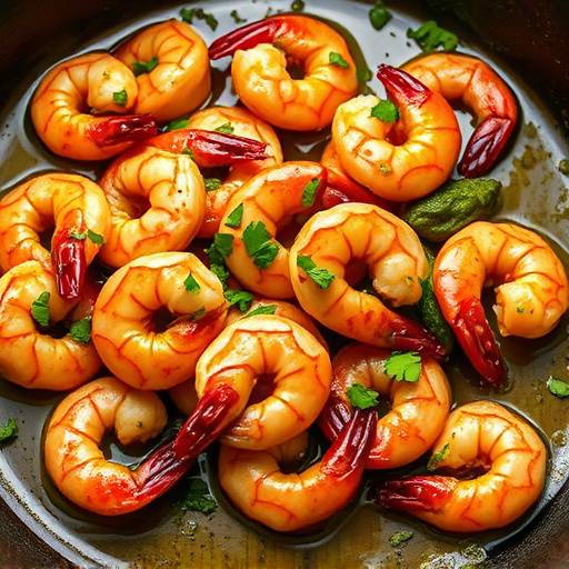 Gambas al Ajillo servidas en una cazuela de barro, burbujeando con aceite de oliva, ajo y perejil fresco.