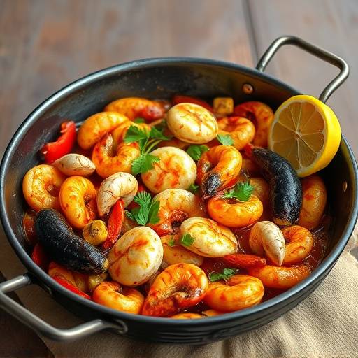 Paella de mariscos servida en una paellera tradicional