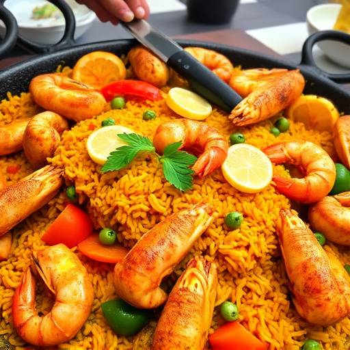 Paella Valenciana servida en una paellera tradicional, mostrando arroz dorado, mariscos frescos y verduras coloridas.
