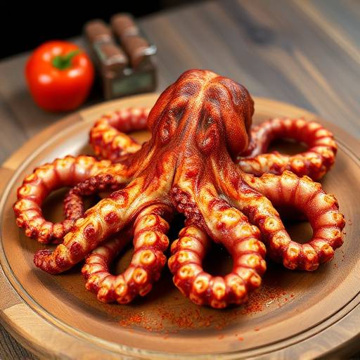 Pulpo a la gallega servido en un plato de madera con piment&oacute;n