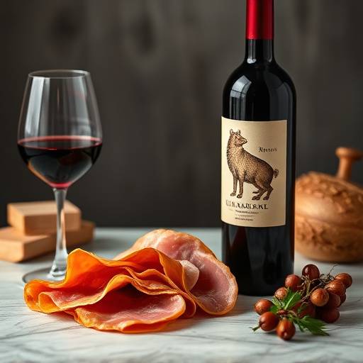 Una copa de vino tinto Rioja servida junto a un plato de jam&oacute;n ib&eacute;rico reci&eacute;n cortado