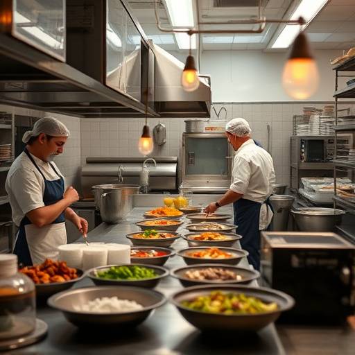 Una vista de la cocina mostrando al personal trabajando diligentemente en la preparaci&oacute;n de los platos