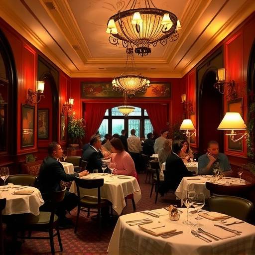 Una vista interior del restaurante El Rinc&oacute;n Espa&ntilde;ol con mesas elegantemente decoradas y clientes disfrutando de la comida, mostrando un ambiente c&aacute;lido y acogedor