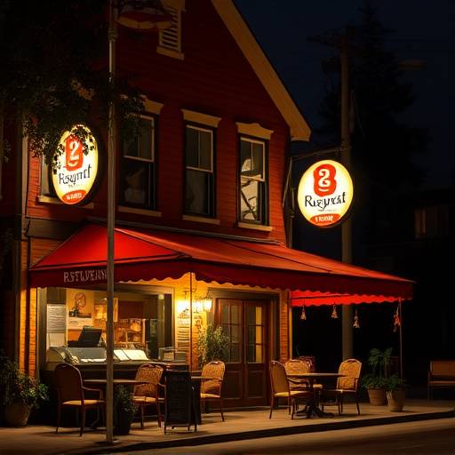 Una vista nocturna del restaurante iluminado, creando un ambiente c&aacute;lido y acogedor